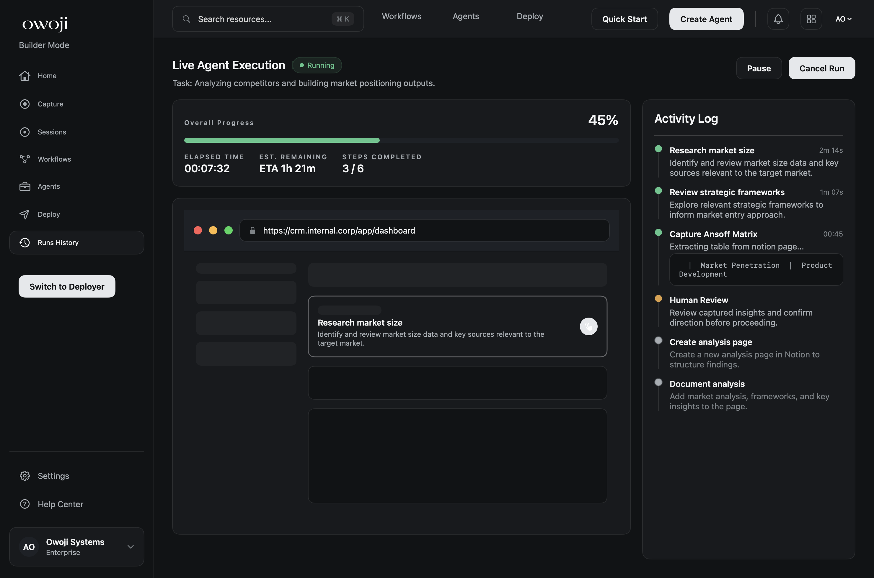 Run screen with step progress, live outputs, and run health.