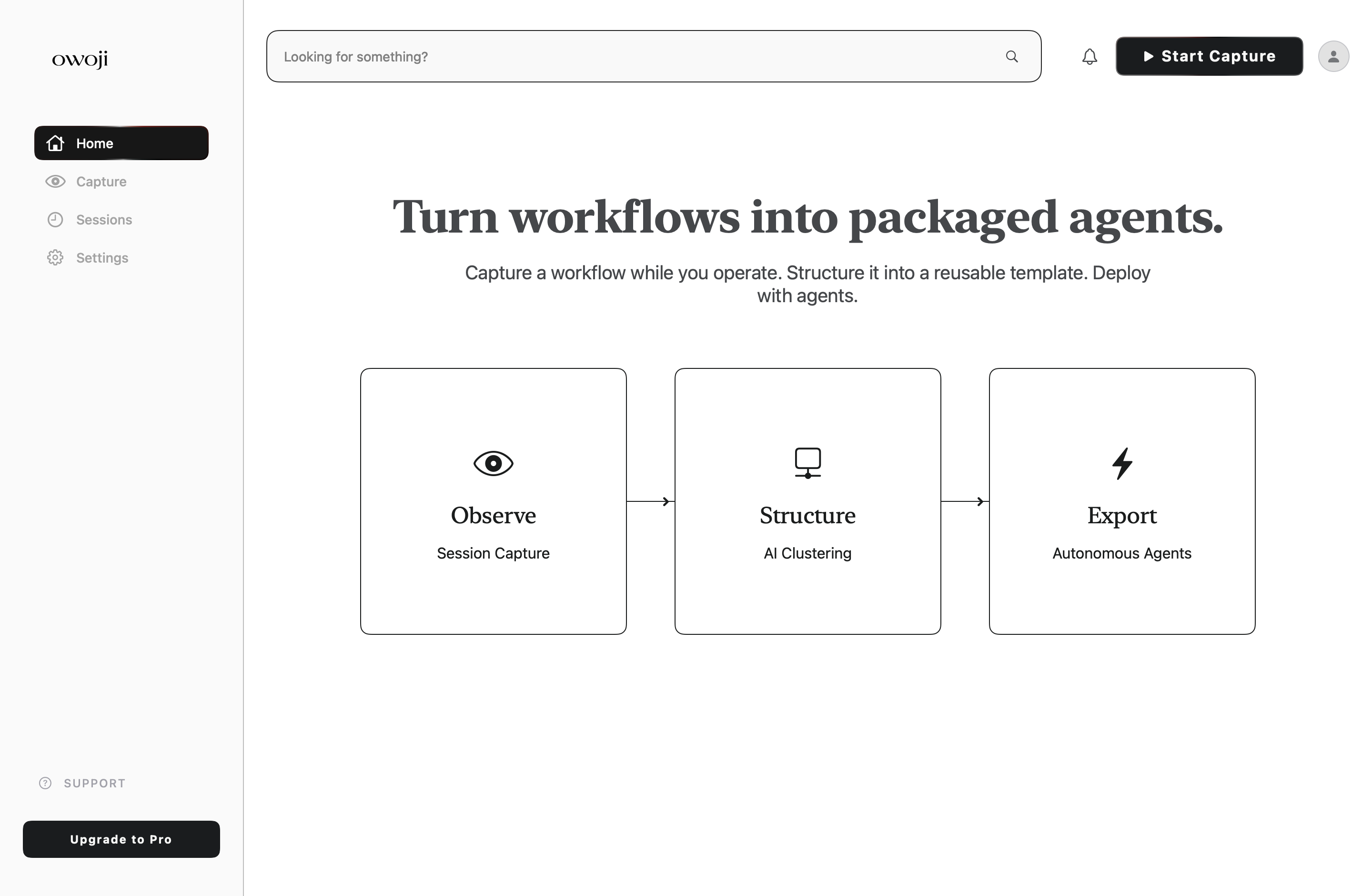 OWOJI home screen with the Start Capture action and Observe, Structure, Export workflow cards.