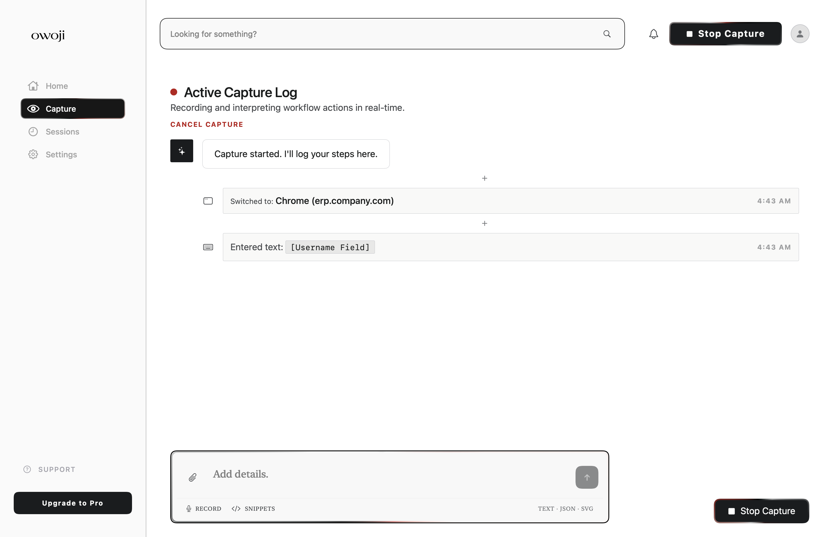 OWOJI capture log showing editable session events and cleaned workflow steps.