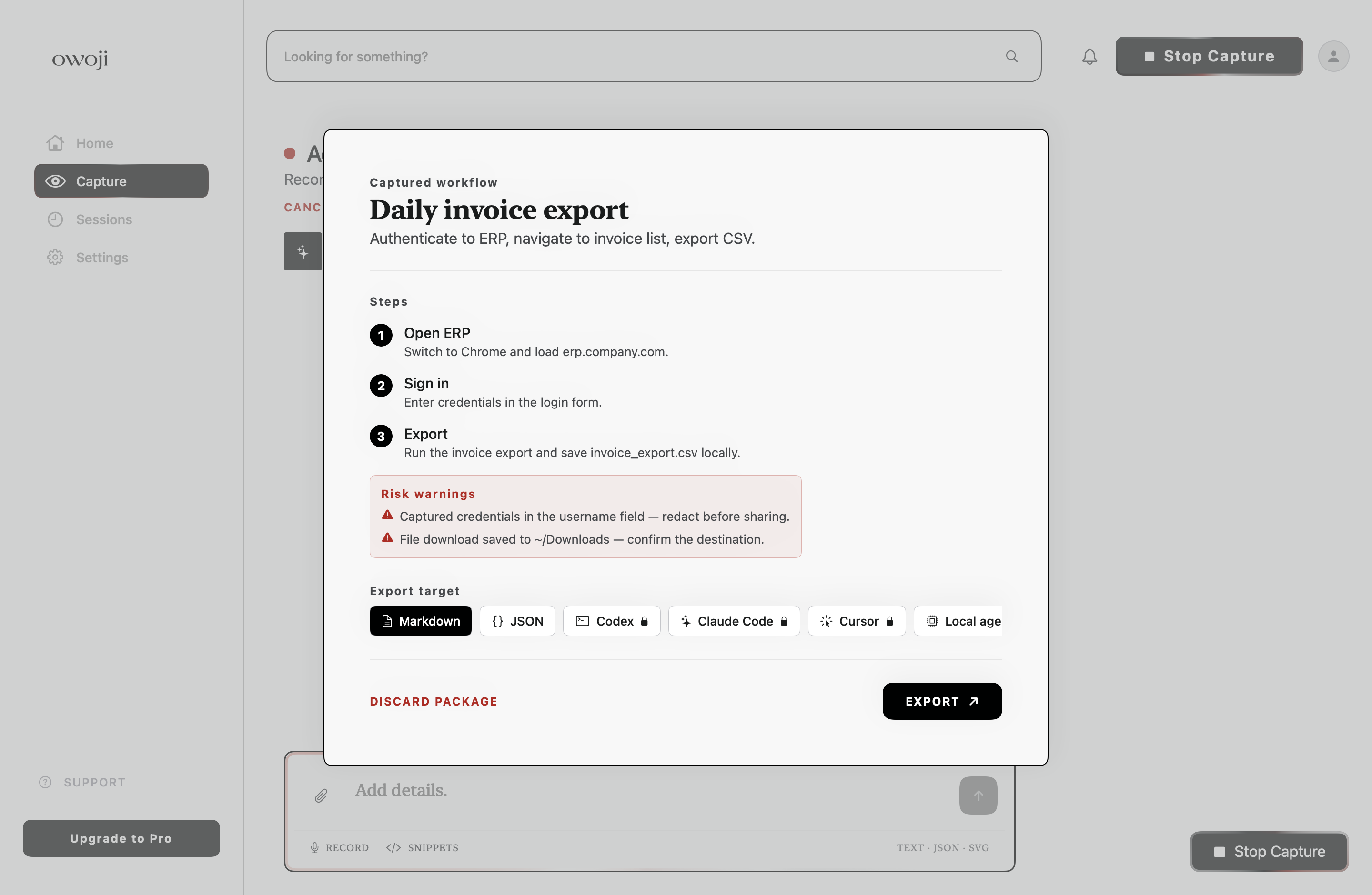 OWOJI packaging screen turning a session into a structured reusable workflow.
