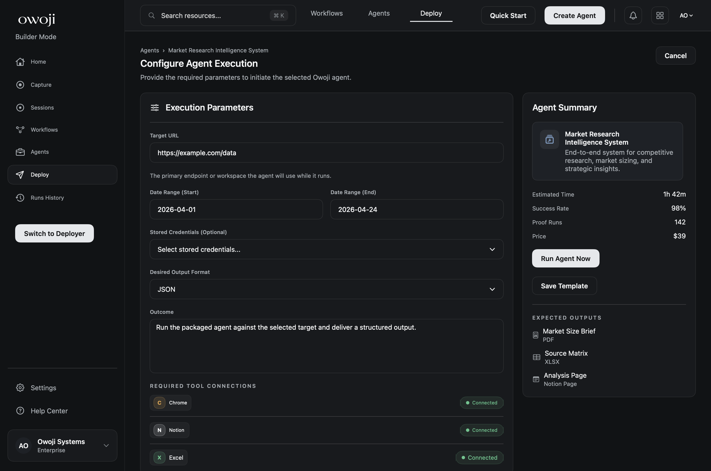 Listing detail view with proof metrics, pricing, and actions.