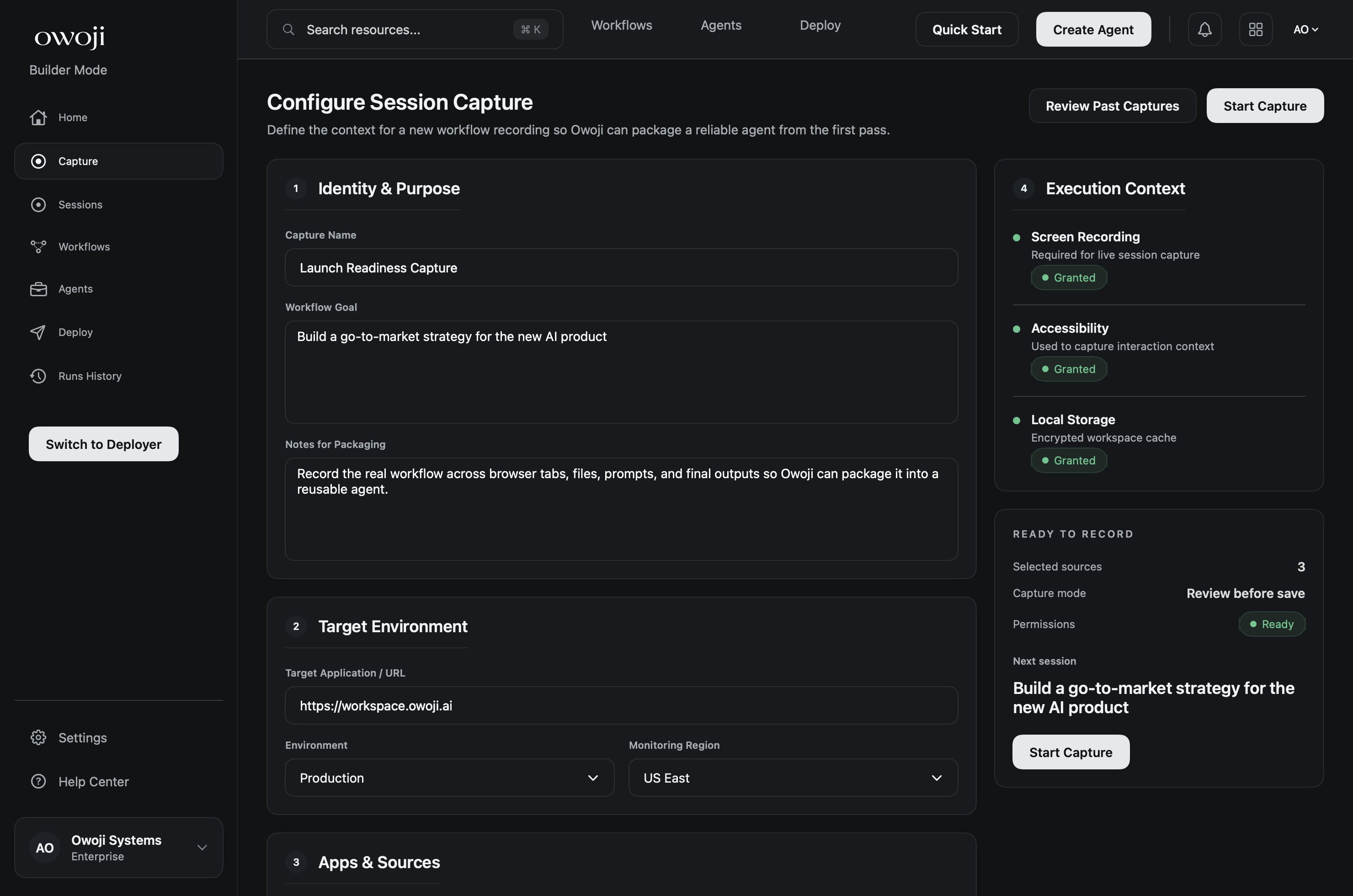 Live capture showing event stream, detected structure, and context.
