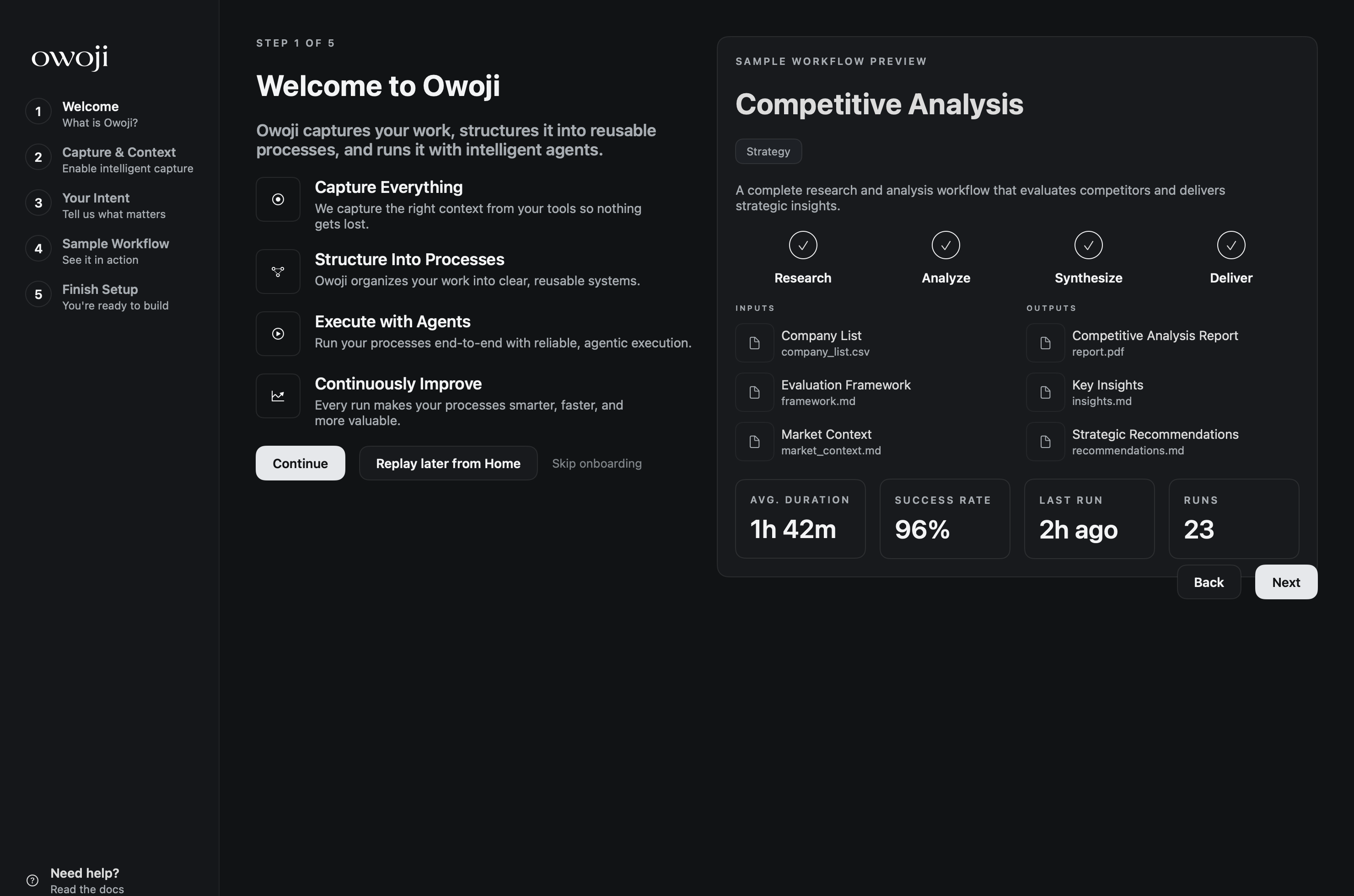 Onboarding flow showing the Owoji welcome screen and a sample workflow preview.