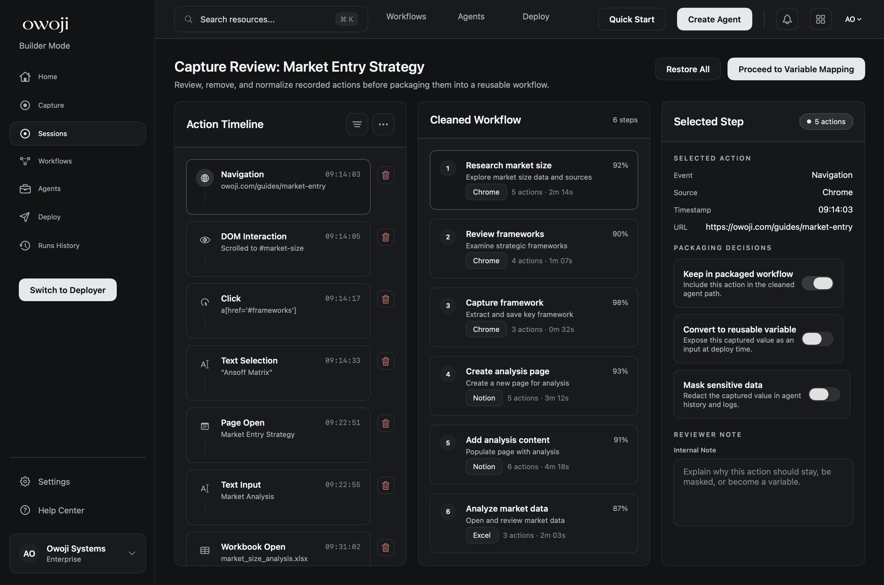 Raw session timeline with event details and context map.