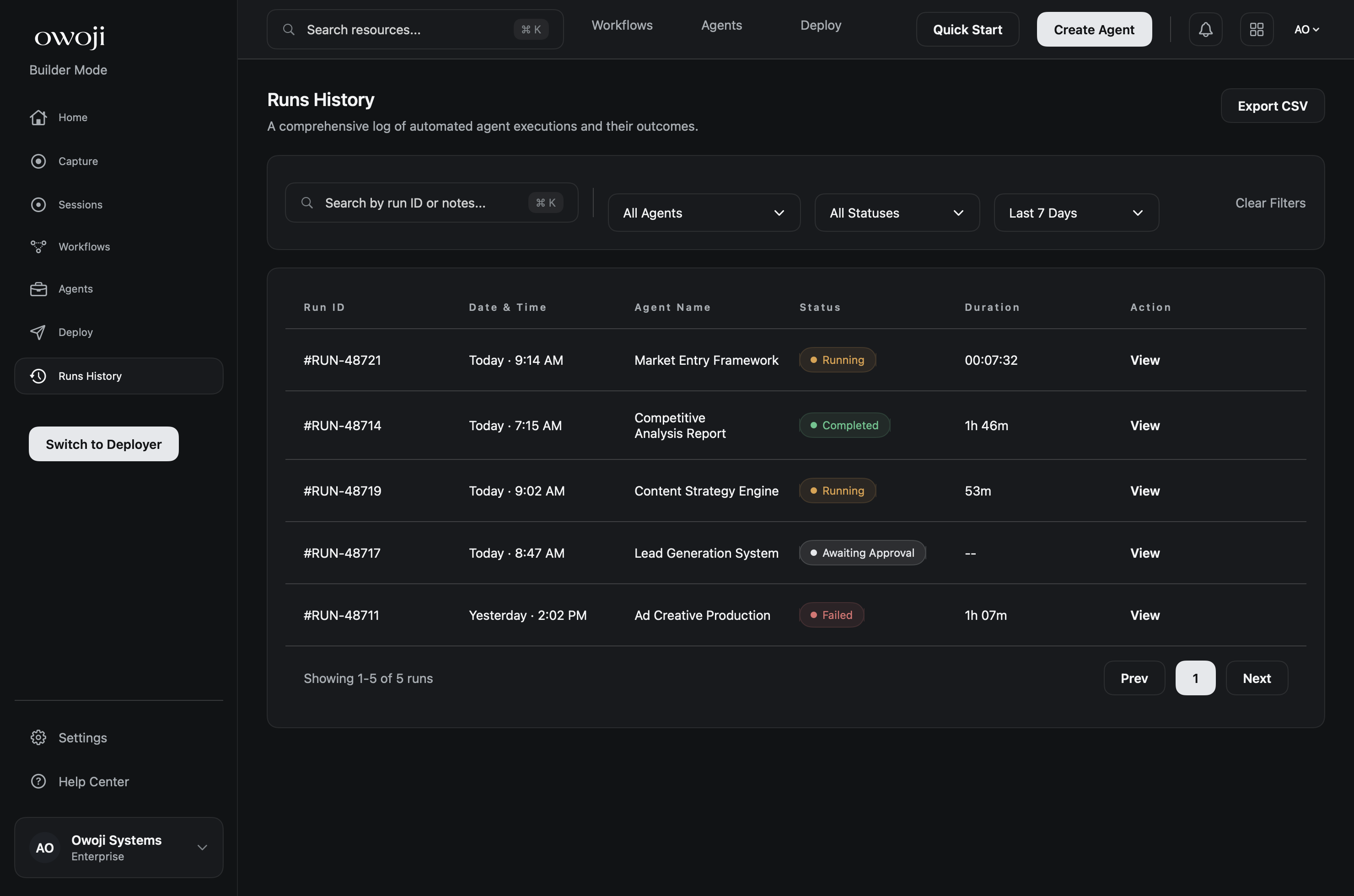 Runs overview showing run history and metrics.