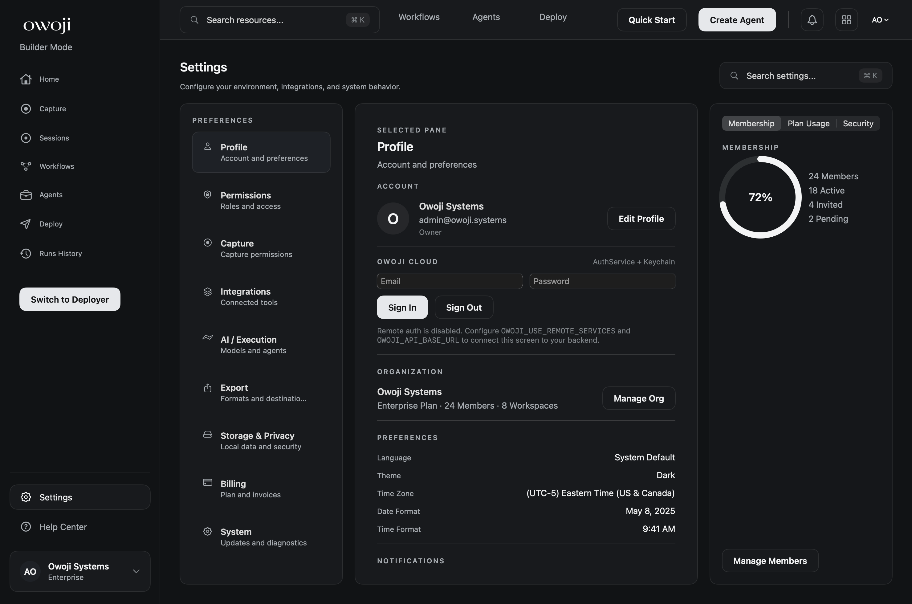 Settings screen showing system warnings and a screen recording permission prompt.
